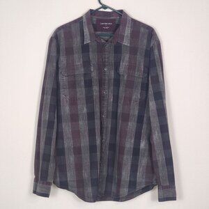 Calvin Klein Jeans Grey, Blue, and Maroon Plaid Button Down Shirt Mens XL